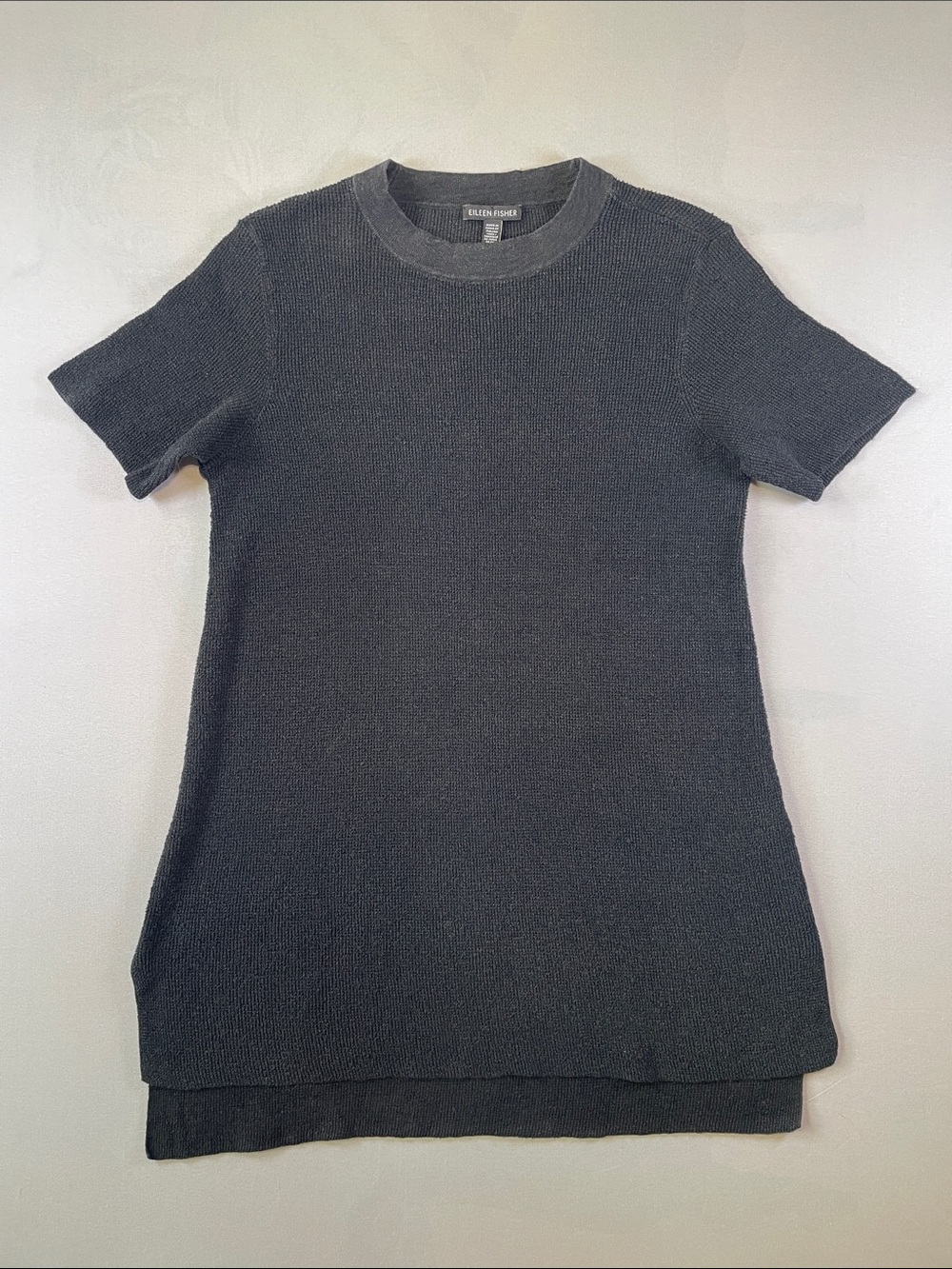 Eileen Fisher Linen Black Waffle Weave Crew Neck Short-Sleeve Size Small